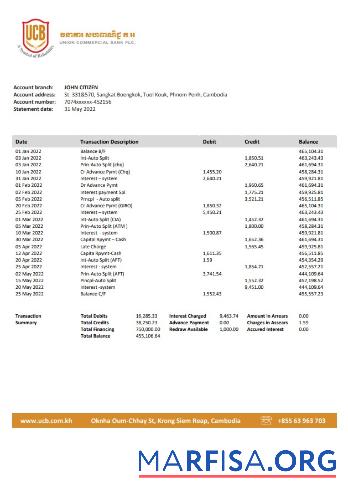 Printable Cambodia Union Commercial bank statement download for verification